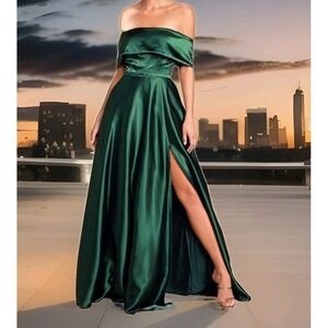 LULUS Greatest Hits Forest Green Satin Off The Shoulder Maxi Dress Size L NWT
